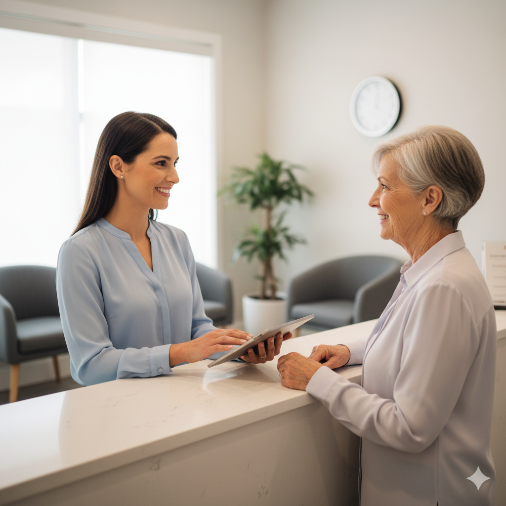 A professional receptionist attending to a client in a calm, modern office.