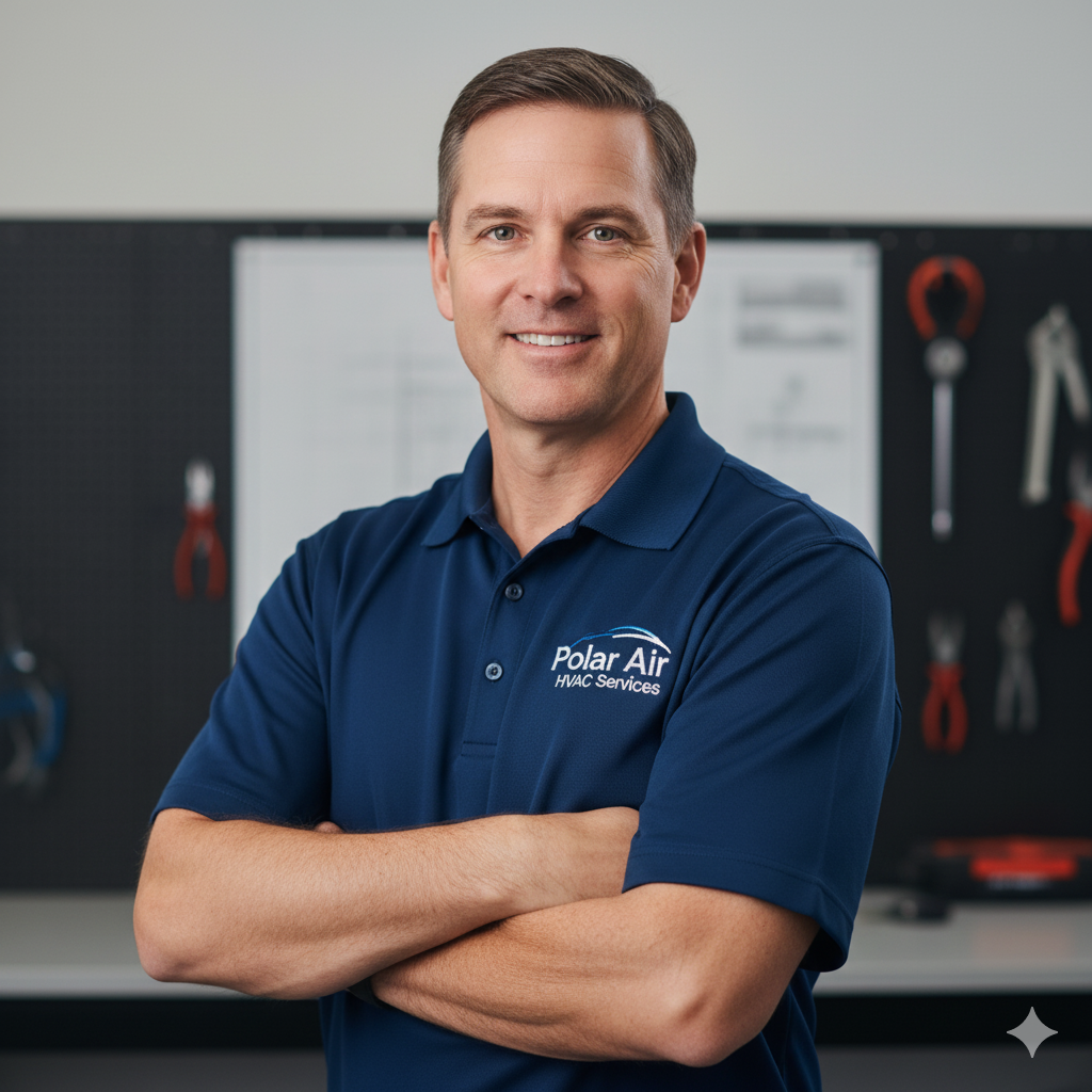 Headshot of David Chen, a friendly HVAC technician.